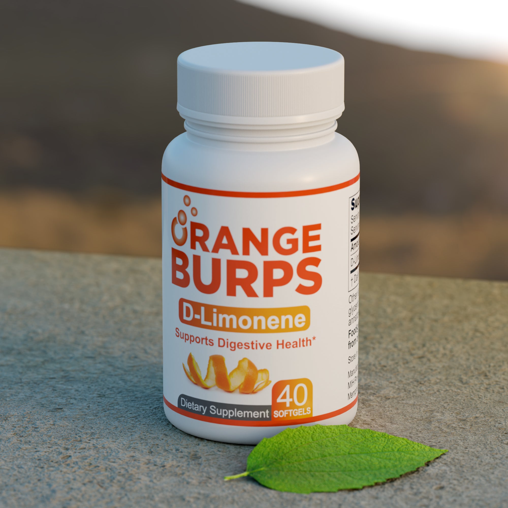 Orange Burps bottle in natural outdoor setting