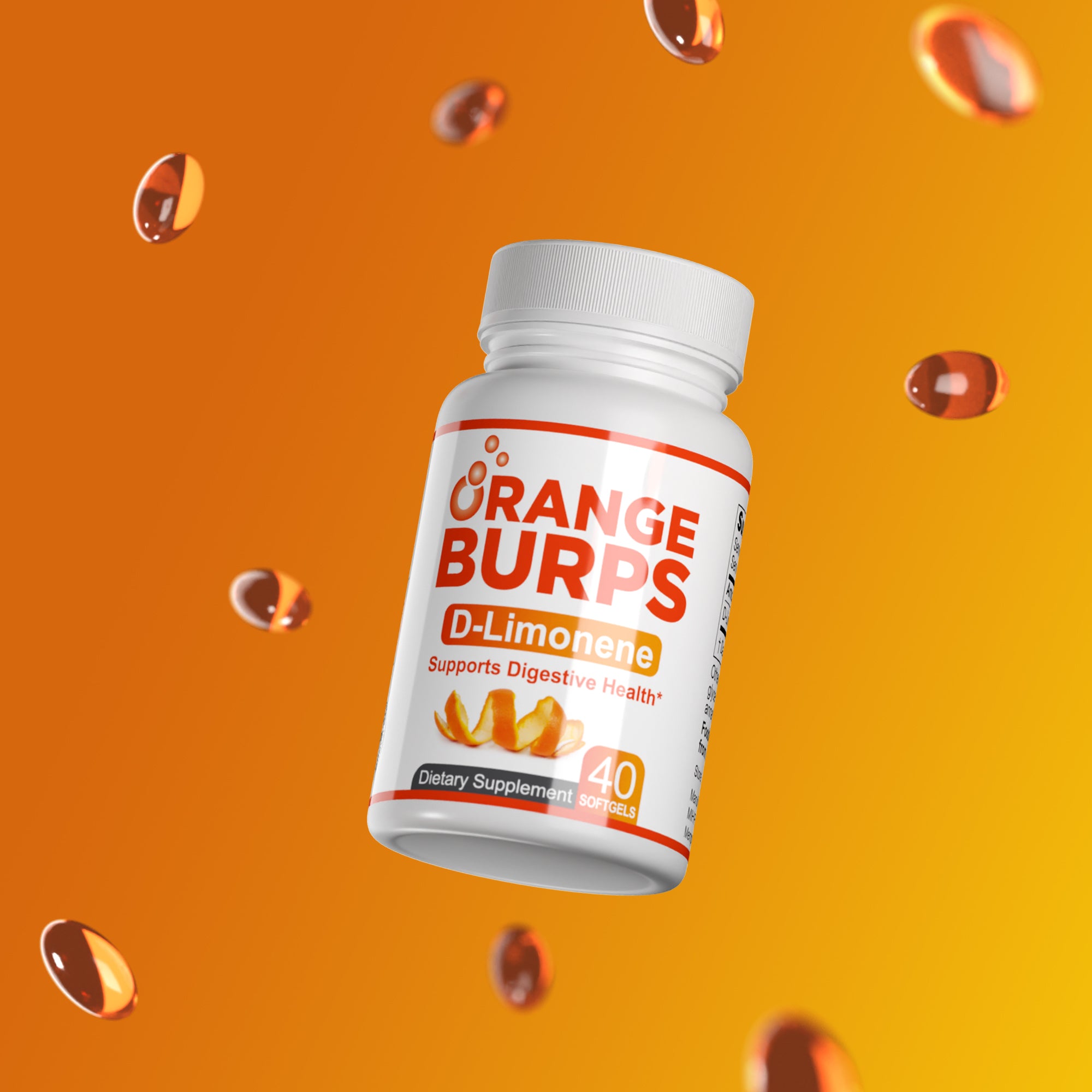 Orange Burps bottle with floating softgels