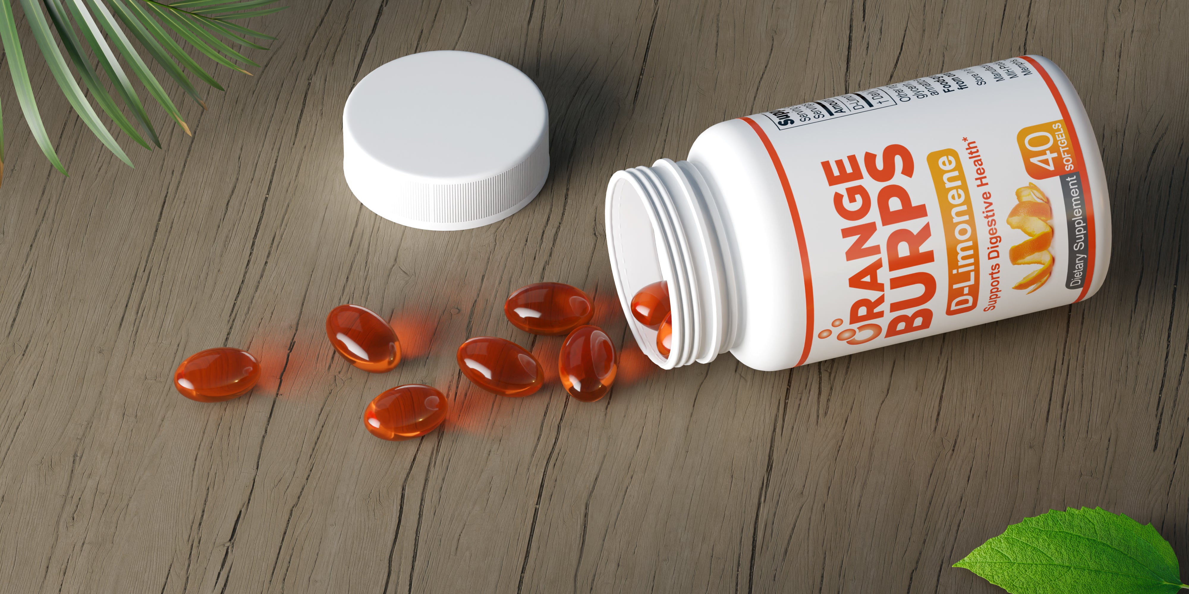 Orange Burps softgels on natural wood surface